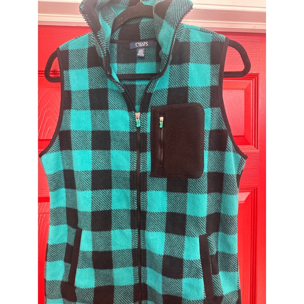 Chaps‎ Kids Teal Black Buffalo Plaid Fleece Full Zip Mock Neck Vest Medium